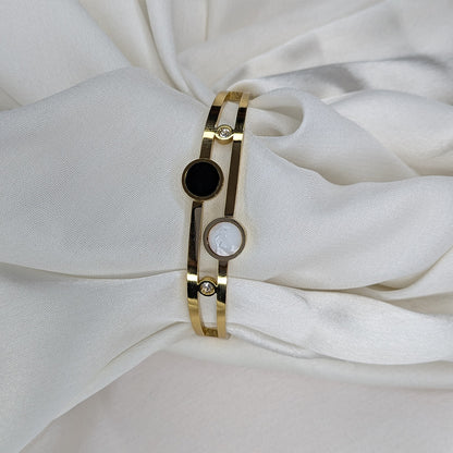 Minimalist Gold Cuff Bracelet with Black & White Enamel Accents For Girls & Women