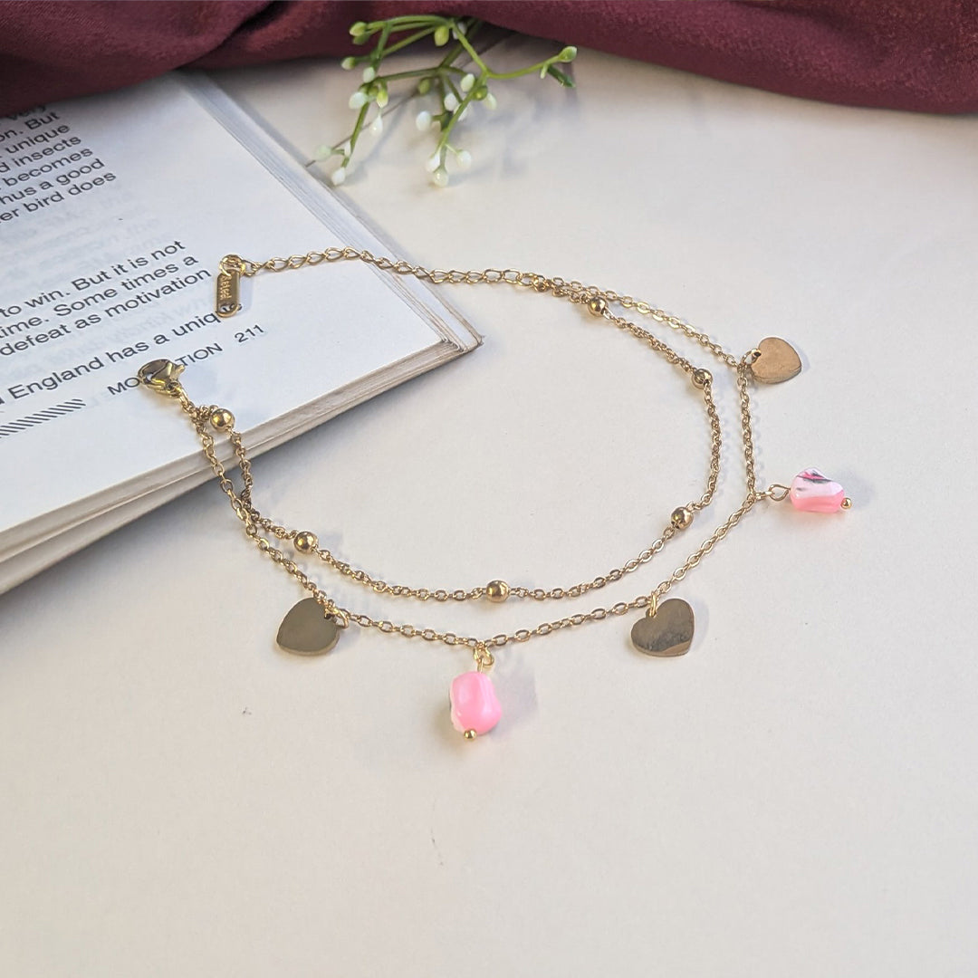 Gold Finish double Layered Heart & Pink Stone Anklet For Women