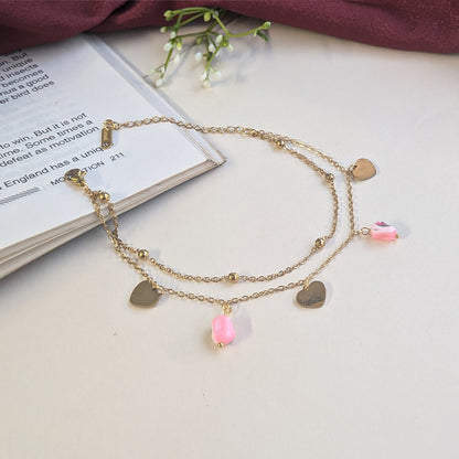 Gold Finish double Layered Heart & Pink Stone Anklet For Women