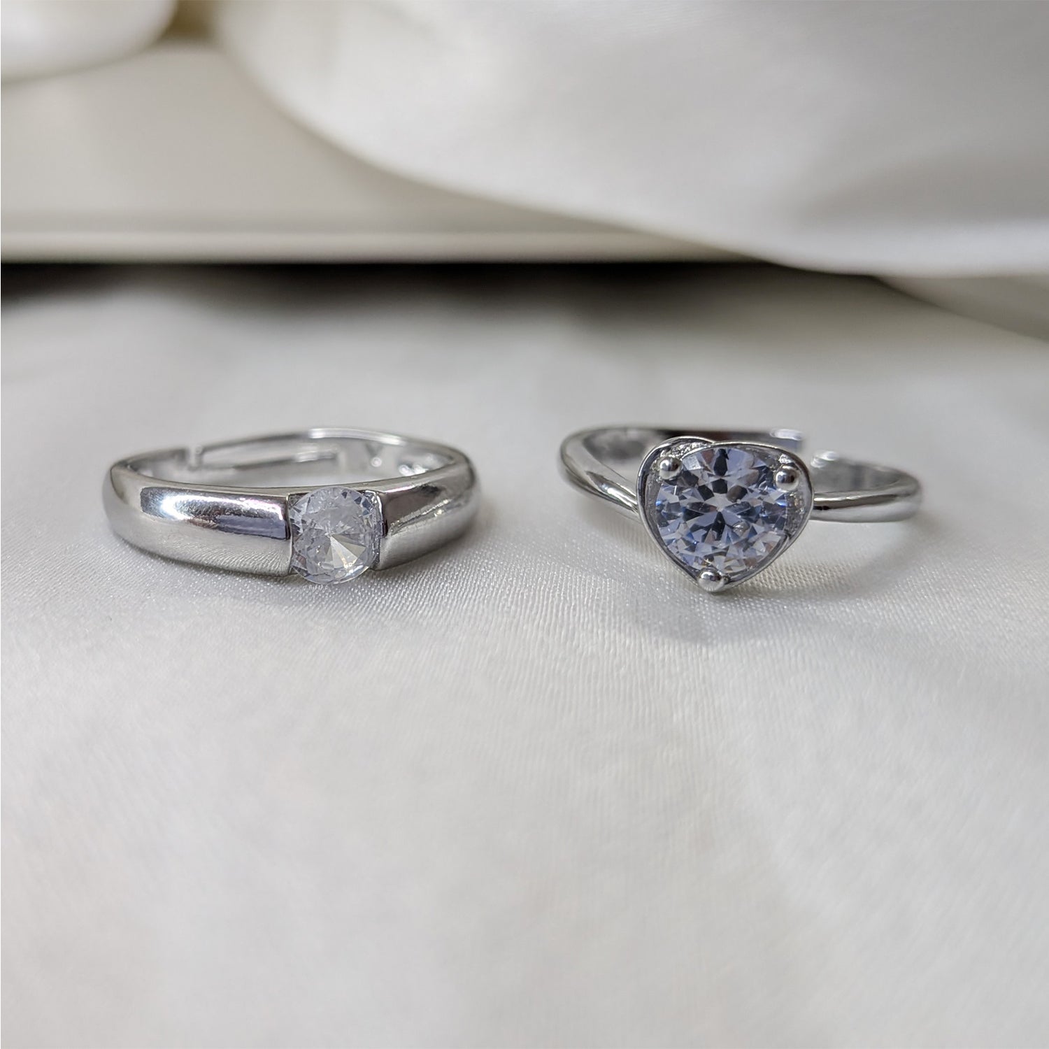 Heart & Solitaire Couple Ring Set with American Diamond