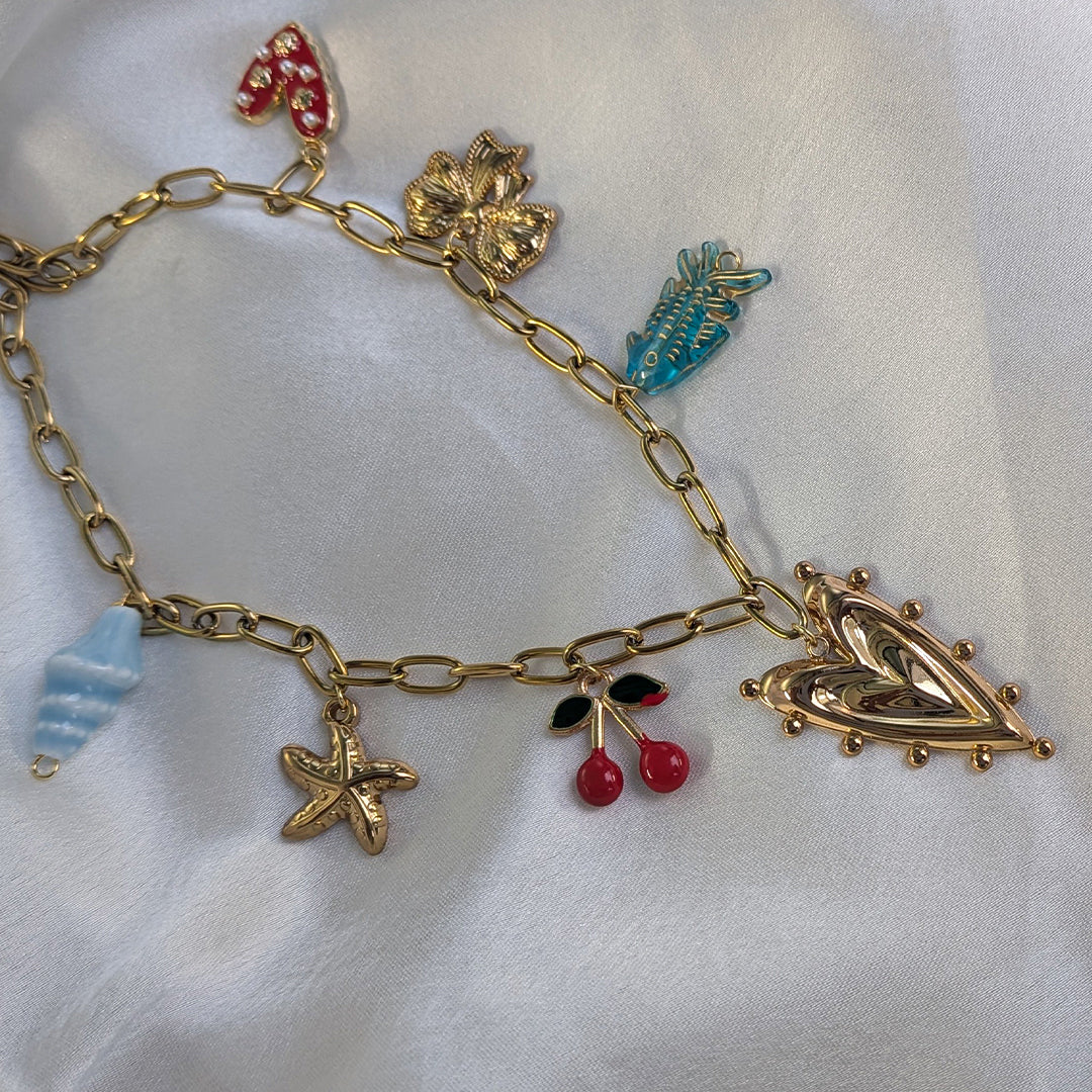 18K Gold Plated Cherry & Seashell Charm Pendant (Anti Tarnish)