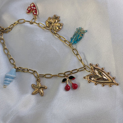 18K Gold Plated Cherry & Seashell Charm Pendant (Anti Tarnish)