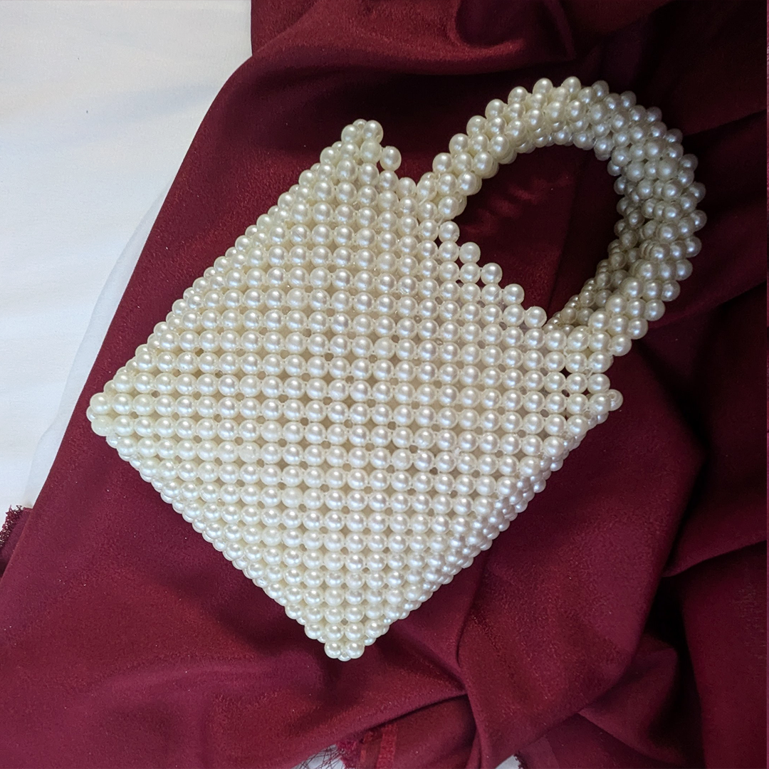 Handmade Pearl Beaded Top Handle Clutch Bag for Women