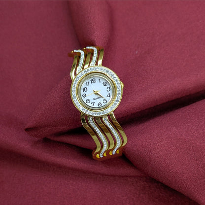 Elegant Analog AD Studded Wavy Dual Stones Lines Band Bracelet Watch For Girls & Women
