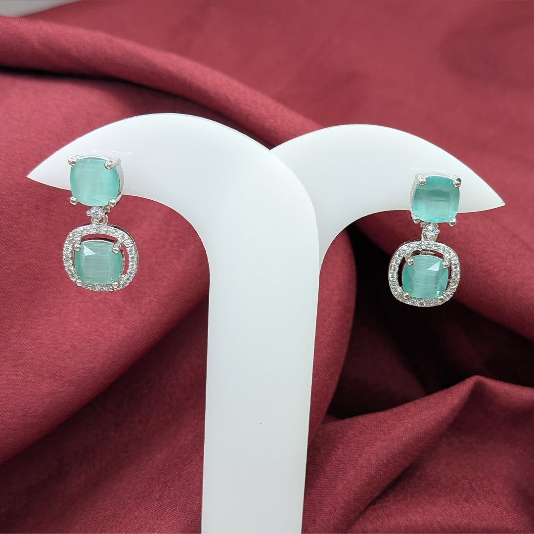 Silver Finish Elegant Cushion Cut AD Stone Drop Earrings for Girls & Women