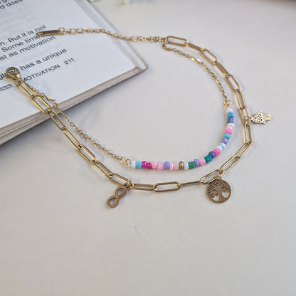 Gold Finish Hamsa Charm Tree & Multicolor Beaded Anklet For Girls & Women