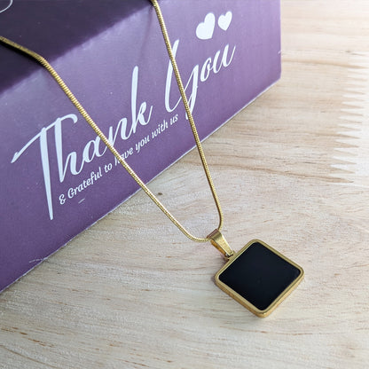 18k Gold Plated Square Charm Pendant with Beaded Chain for Women & Girls