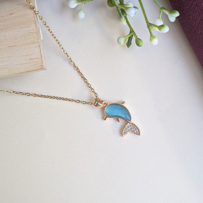 Gold Plated Blue Enamel Dolphin Pendant For Girls & Women