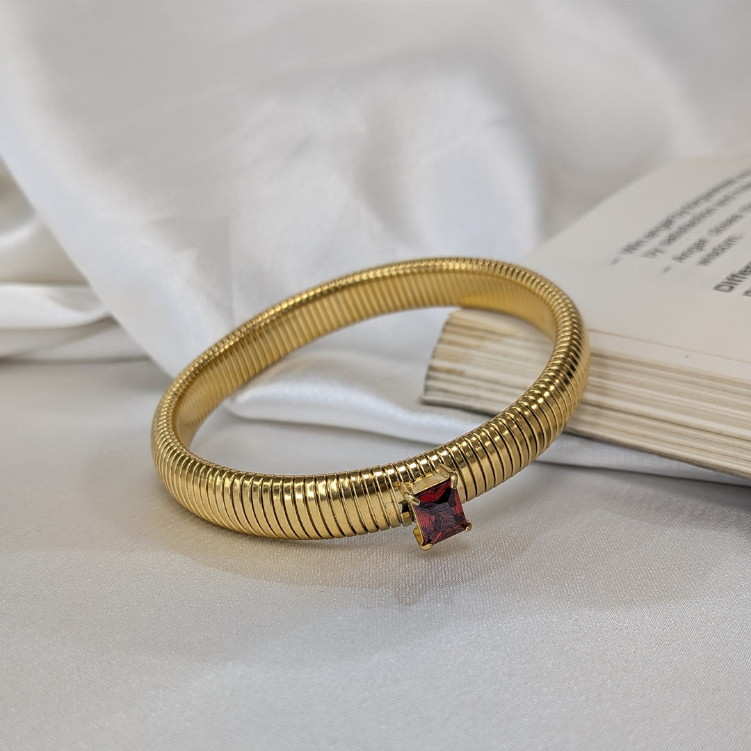 Gold Finish Kada Style Coil Bracelet With Cubic AD Stone For Girls & Women