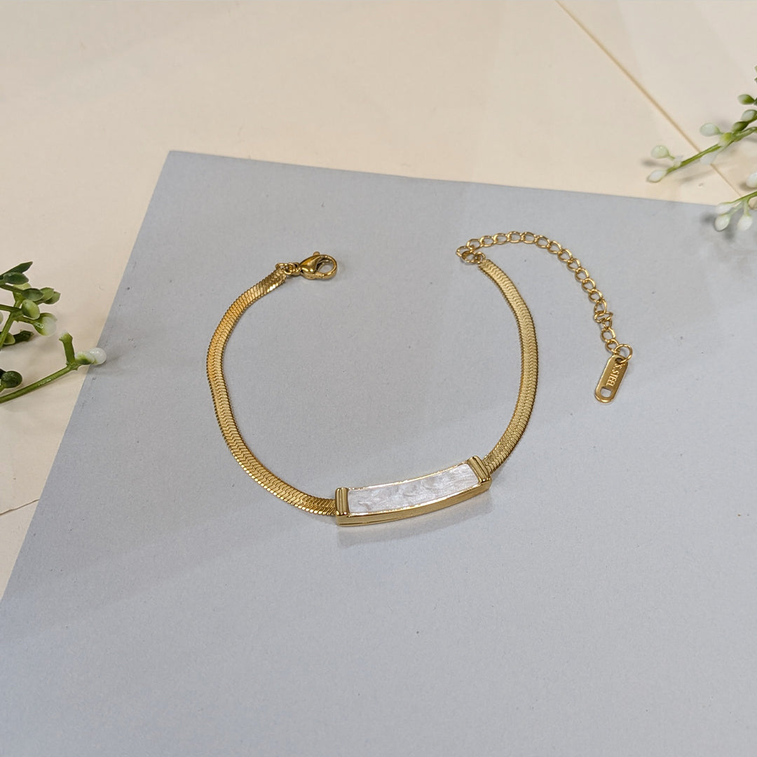 Gold Finish Flat Herringbone Snake Chain with White Enamel Stone For Girls & Women (Anti-Tarnish)
