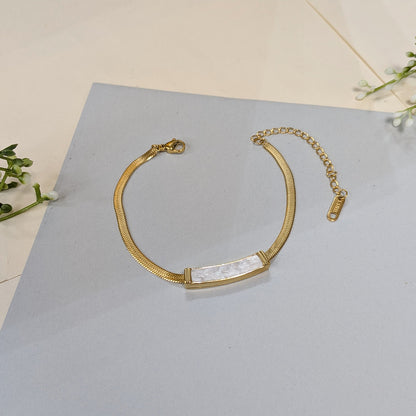 Gold Finish Flat Herringbone Snake Chain with White Enamel Stone For Girls & Women (Anti-Tarnish)