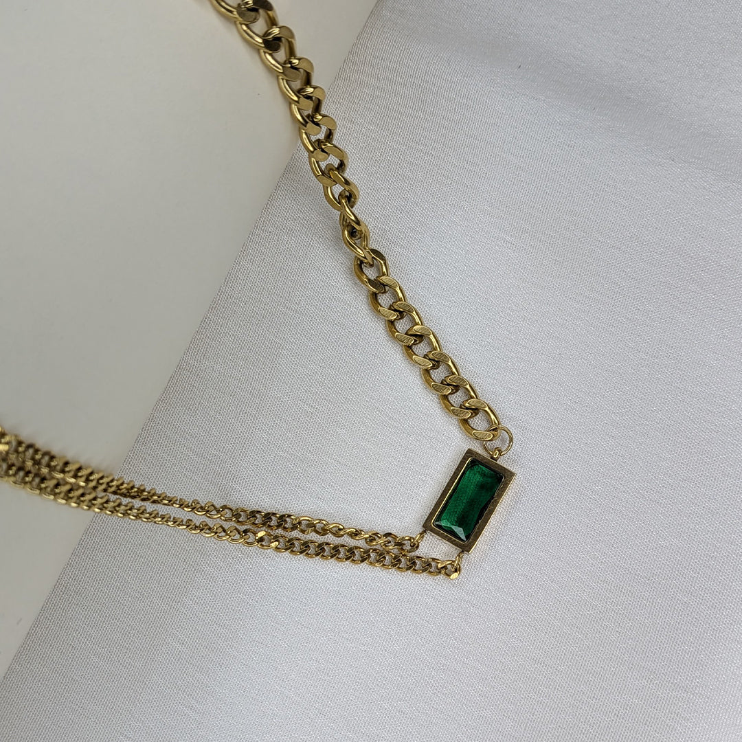 Gold Finish Double Layer Chain With Rectangle Green Stone Emerald Pendant For Girls & Women