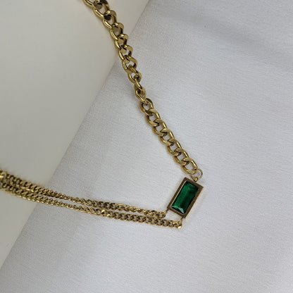 Gold Finish Double Layer Chain With Rectangle Green Stone Emerald Pendant For Girls & Women