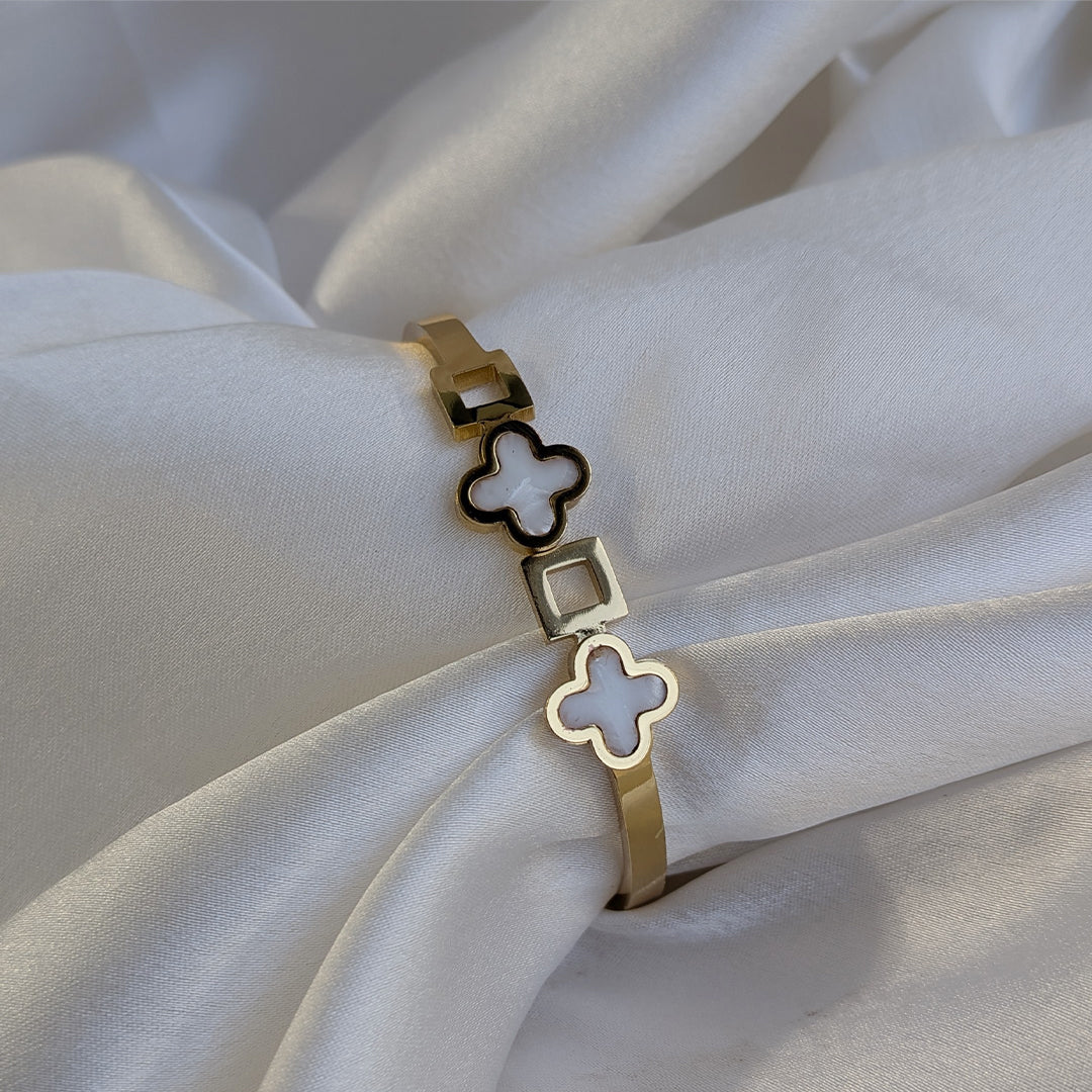 Gold Plated Dual Clover & Square Link Designer Bracelet For Girls & Women
