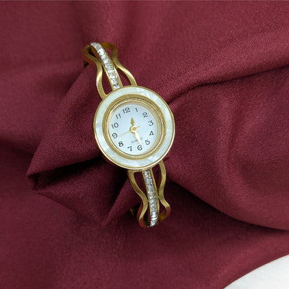 Elegant Analog AD Studded Wavy Crystal Lines Design Band Bracelet Watch For Girls & Women