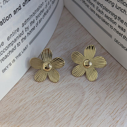 Glossy Textured Gold Finish Floral Stud Earrings For Girls & Women (Anti Tarnish)