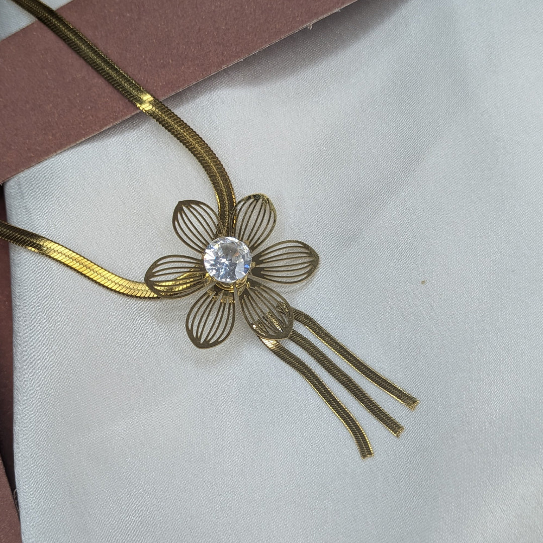 Gold Plated Five Petal Floral Crystal Pendant & Earring Set for Women