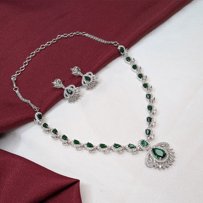 American Diamond Leaf & Teardrop Pattern Necklace Set with Earrings