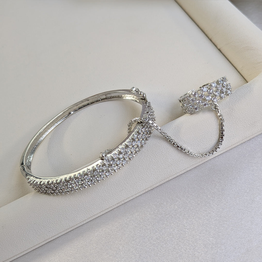 Elegant Silver Finish Four Line AD (American Diamond) Finger Ring Bracelet for Girls & Women