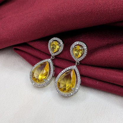 Layered Teardrop Faceted Stone Earrings with Sparkling AD Stone Frame