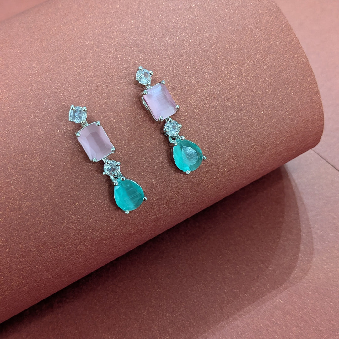 Silver Finish Classic Rectangular & Teardrop Stone Jewellery Set For Women