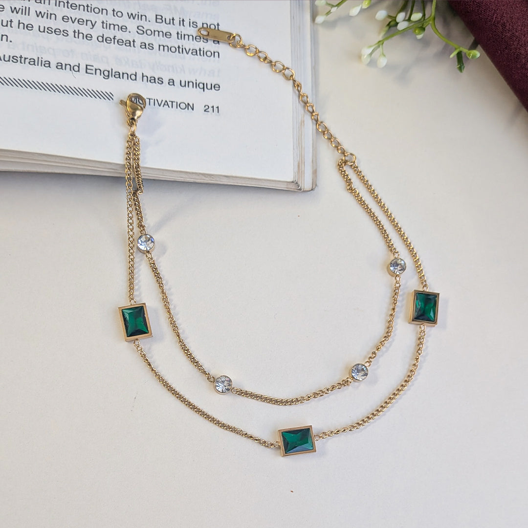 Gold Finish Green Square Stone Accents Charm Anklet For Girls & Women