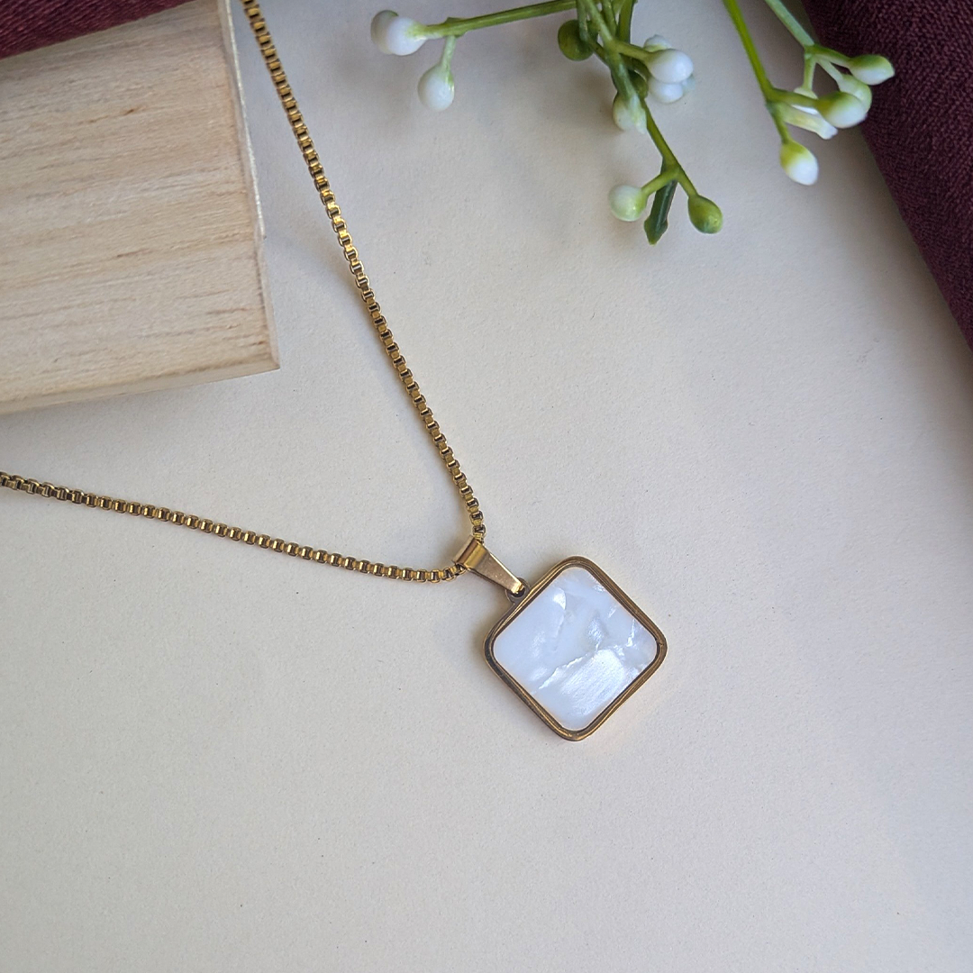 Gold Plated Square White Shell Pendant For Girls & Women