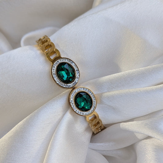 Gold Tone Oval Emerald Crystal Cuff Bracelet For Girls & Women