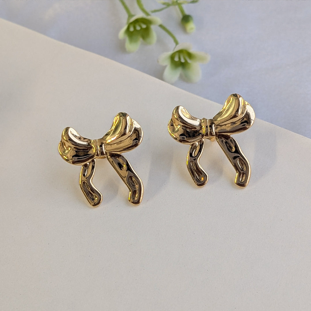 Gold Plated Glossy Ribbon Bow Stud Earrings For Girls & Women (Anti Tarnish)