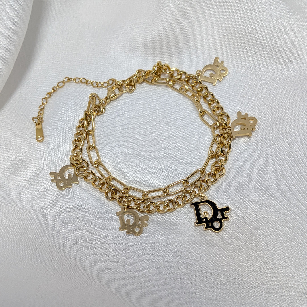 18K Gold Finish Double Layer Chain Bracelet with with Charms for Girls & Women