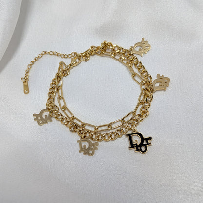 18K Gold Finish Double Layer Chain Bracelet with with Charms for Girls & Women