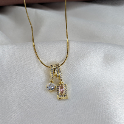 Gold Plated Dual Crystal Barrel & Rectangle Pendant For Girls & Women