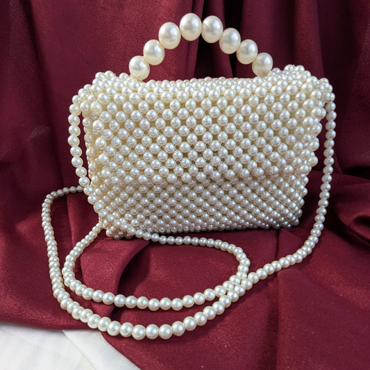 White Double-Handled Pearl Embellished Chic Bag for Women