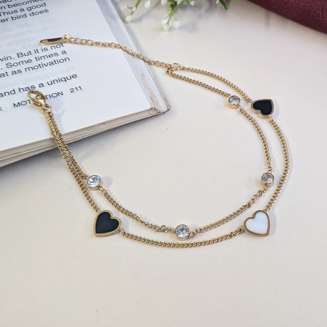 Gold Tone Black & White Heart with Stone Accents Anklet For Girls & Women