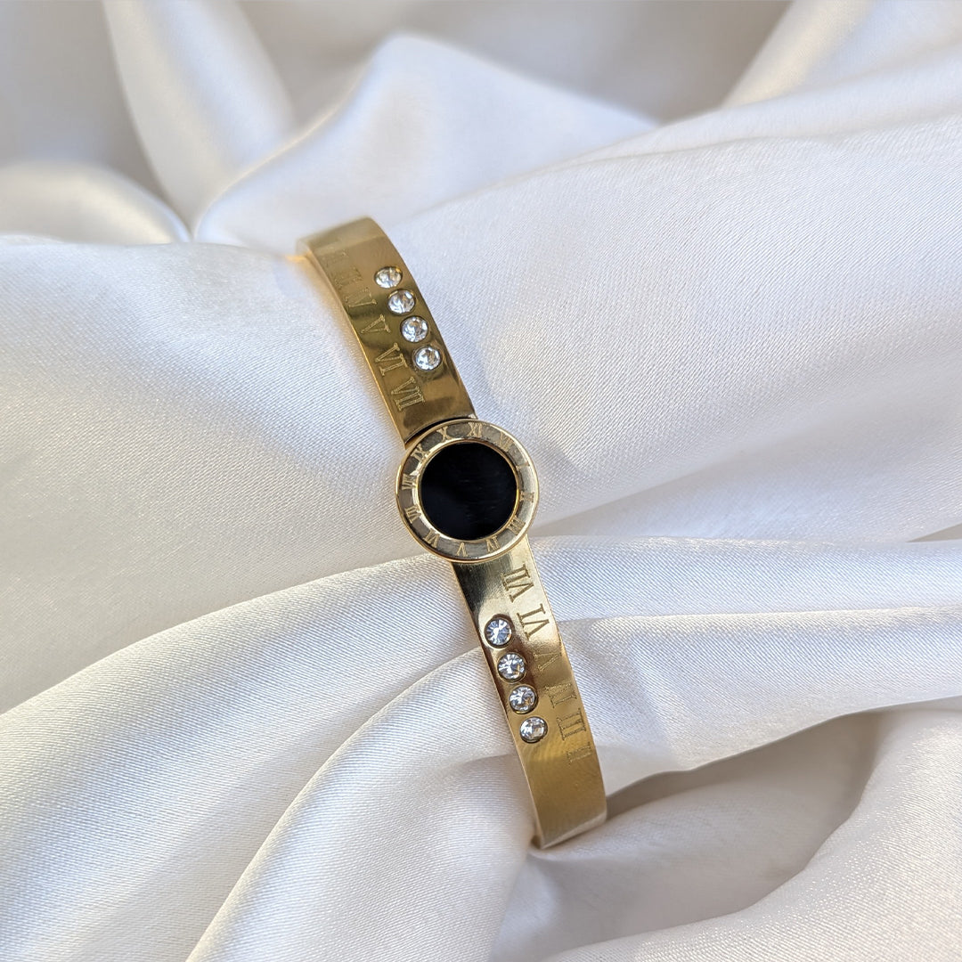 Gold Finish Roman Numeral Bracelet With Black Enamel Center and AD Stone Accents For Girls & Women
