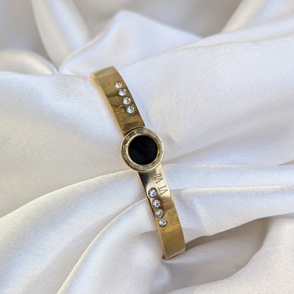 Gold Finish Roman Numeral Bracelet With Black Enamel Center and AD Stone Accents For Girls & Women