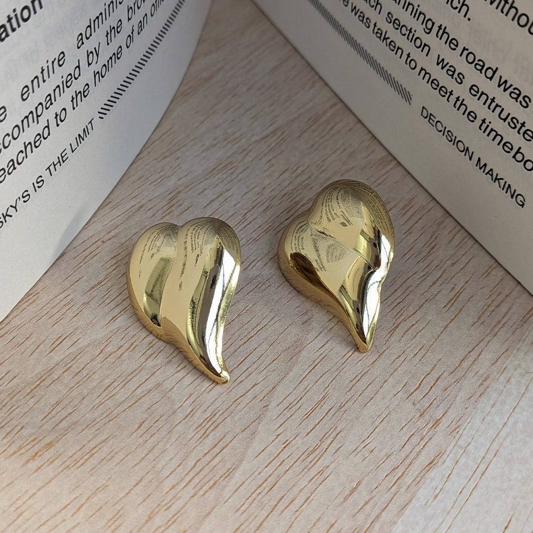 Gold Tone Puffy Heart Stud Earrings For Girls & Women (Anti-Tarnish)