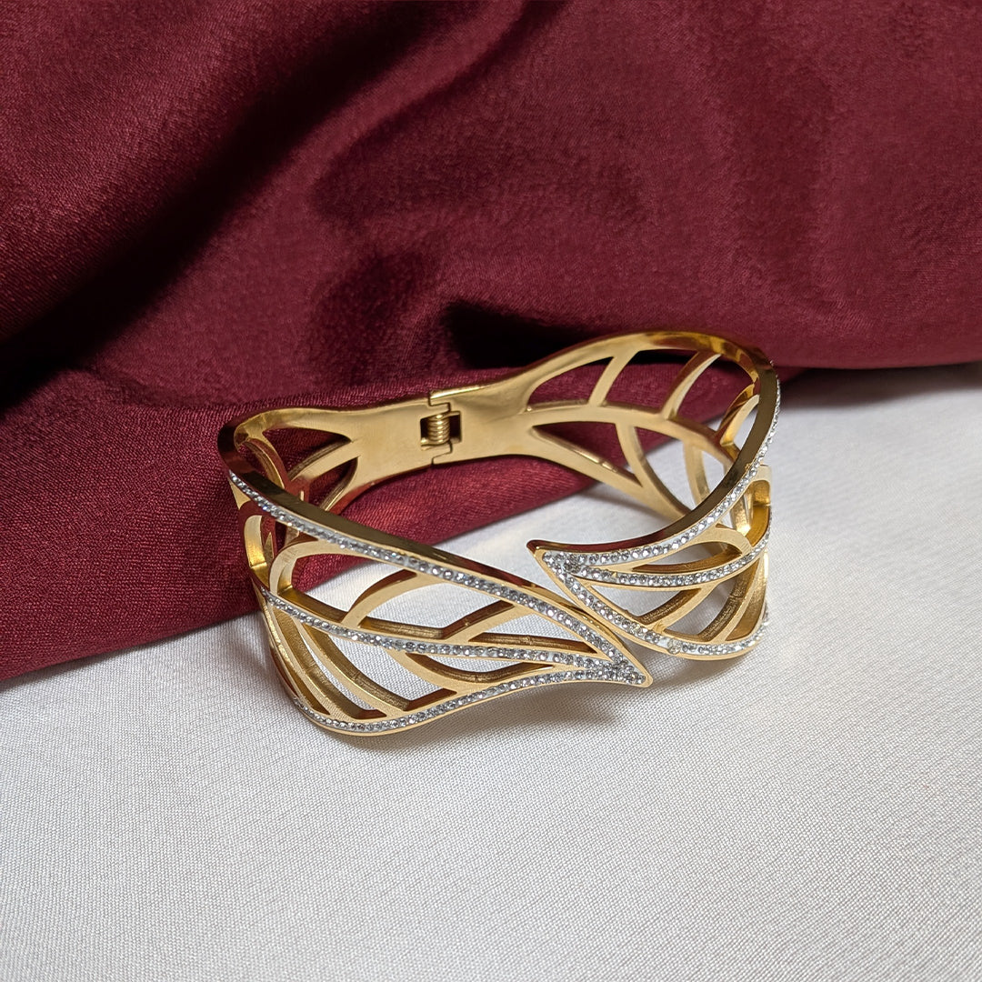 Gold Finish Openwork Sparkling AD Stone Cuff Bracelet For Girls & Women