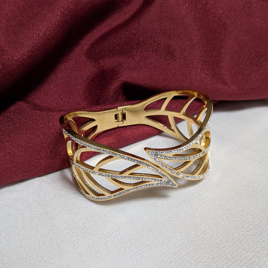 Gold Finish Openwork Sparkling AD Stone Cuff Bracelet For Girls & Women