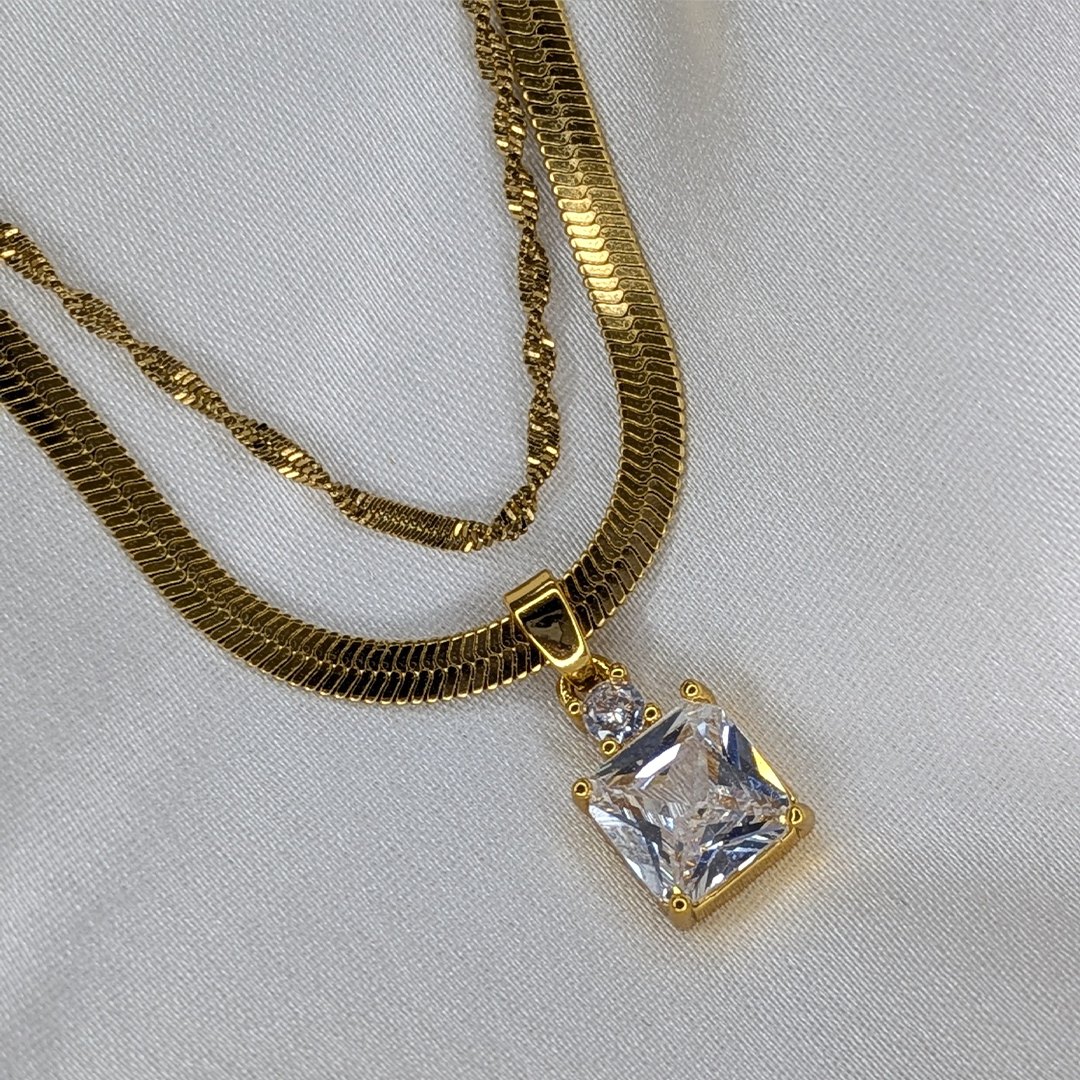 Gold Plated Dual Layered Radiant Square Crystal Stainless Steel Pendant For Girls & Women