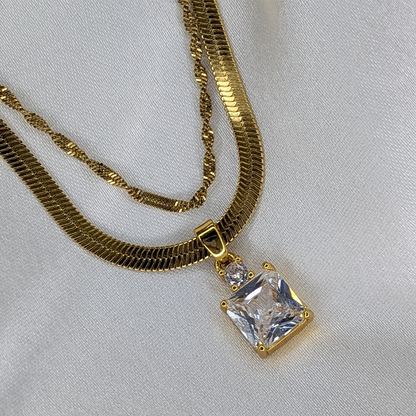 Gold Plated Dual Layered Radiant Square Crystal Stainless Steel Pendant For Girls & Women