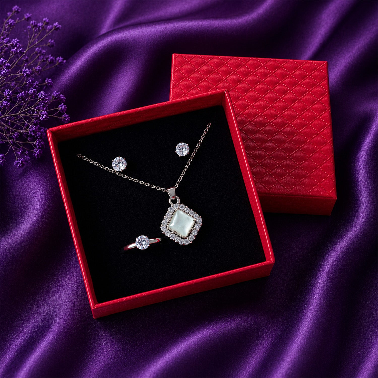 Elegant Square Crystal Jewelry Set with Red Gift Box
