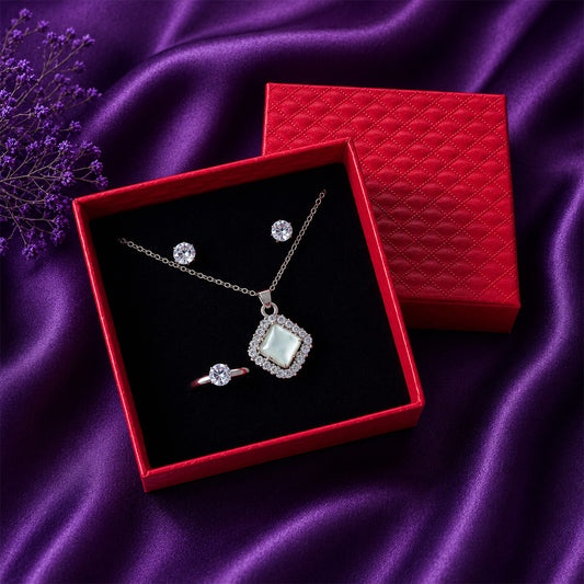 Elegant Square Crystal Jewelry Set with Red Gift Box