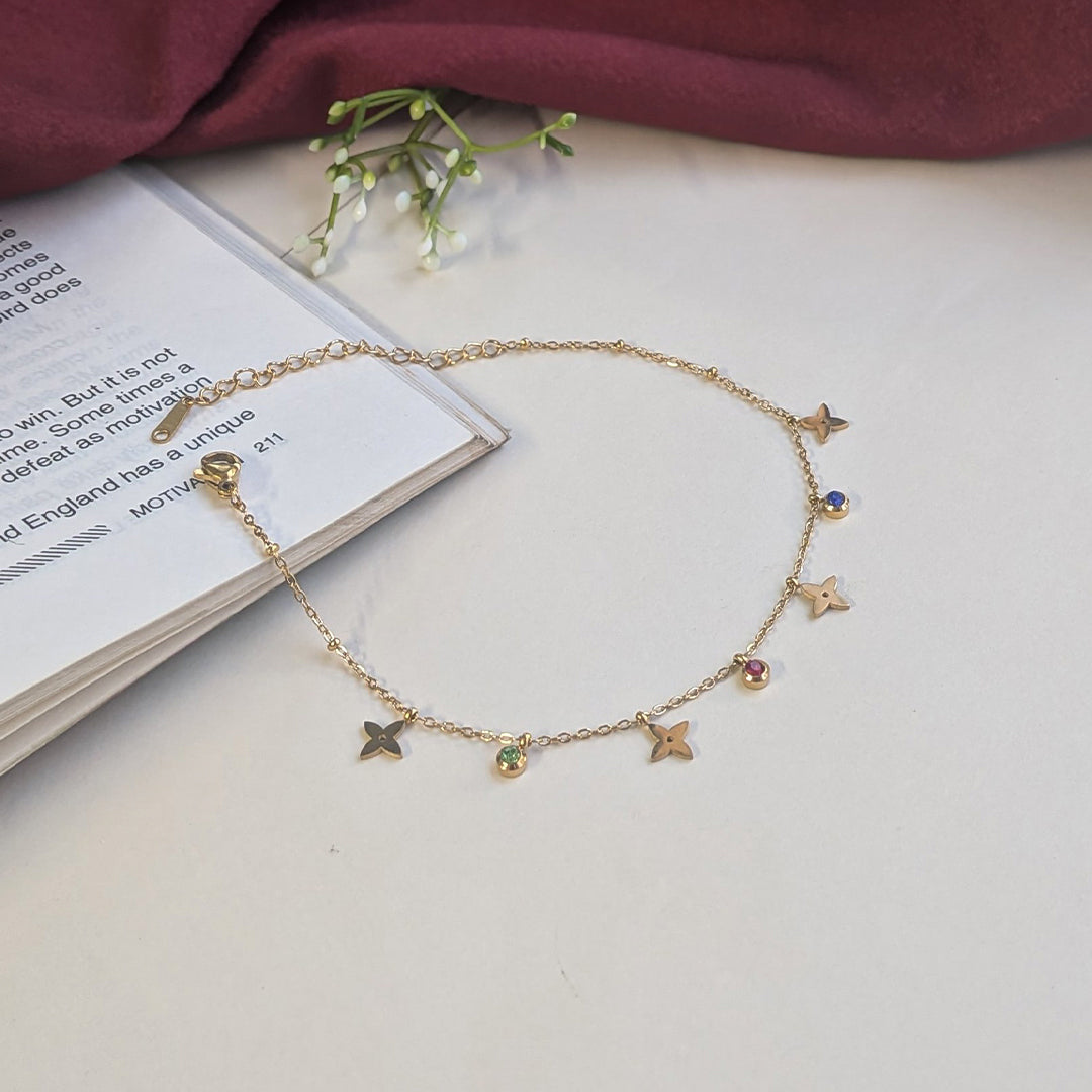 Gold Tone Star Charm Anklet with Multicolor Stone Accents For Women & Girls