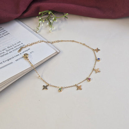 Gold Tone Star Charm Anklet with Multicolor Stone Accents For Women & Girls