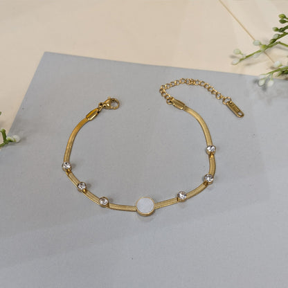 Gold Finish Crystal Studded & Mother of Pearl Enamel Stone Chain Bracelet For Girls & Women (Anti-Tarnish)