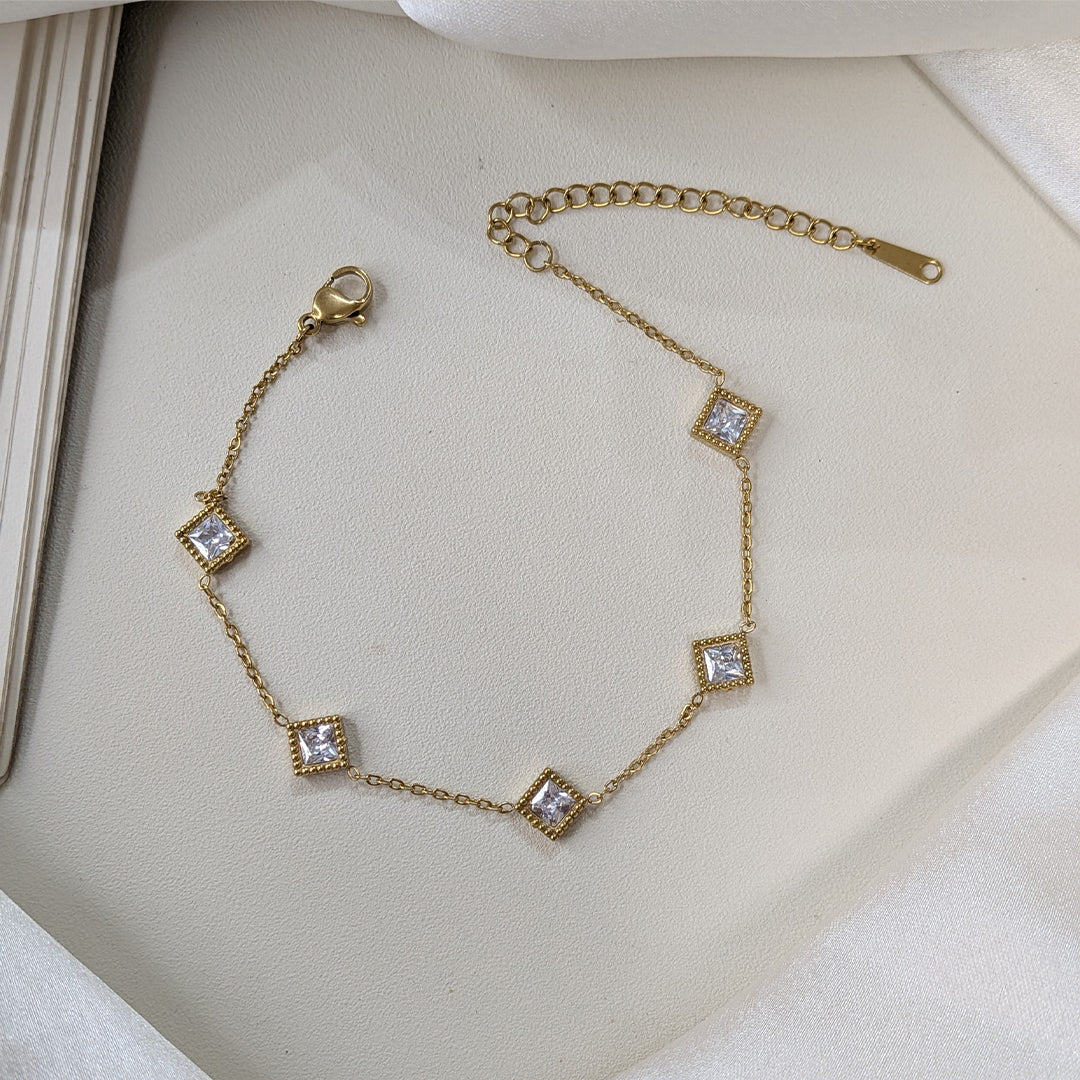 Gold Finish Square Crystal Chic Charm Bracelet For Girls & Women (Anti-Tarnish)