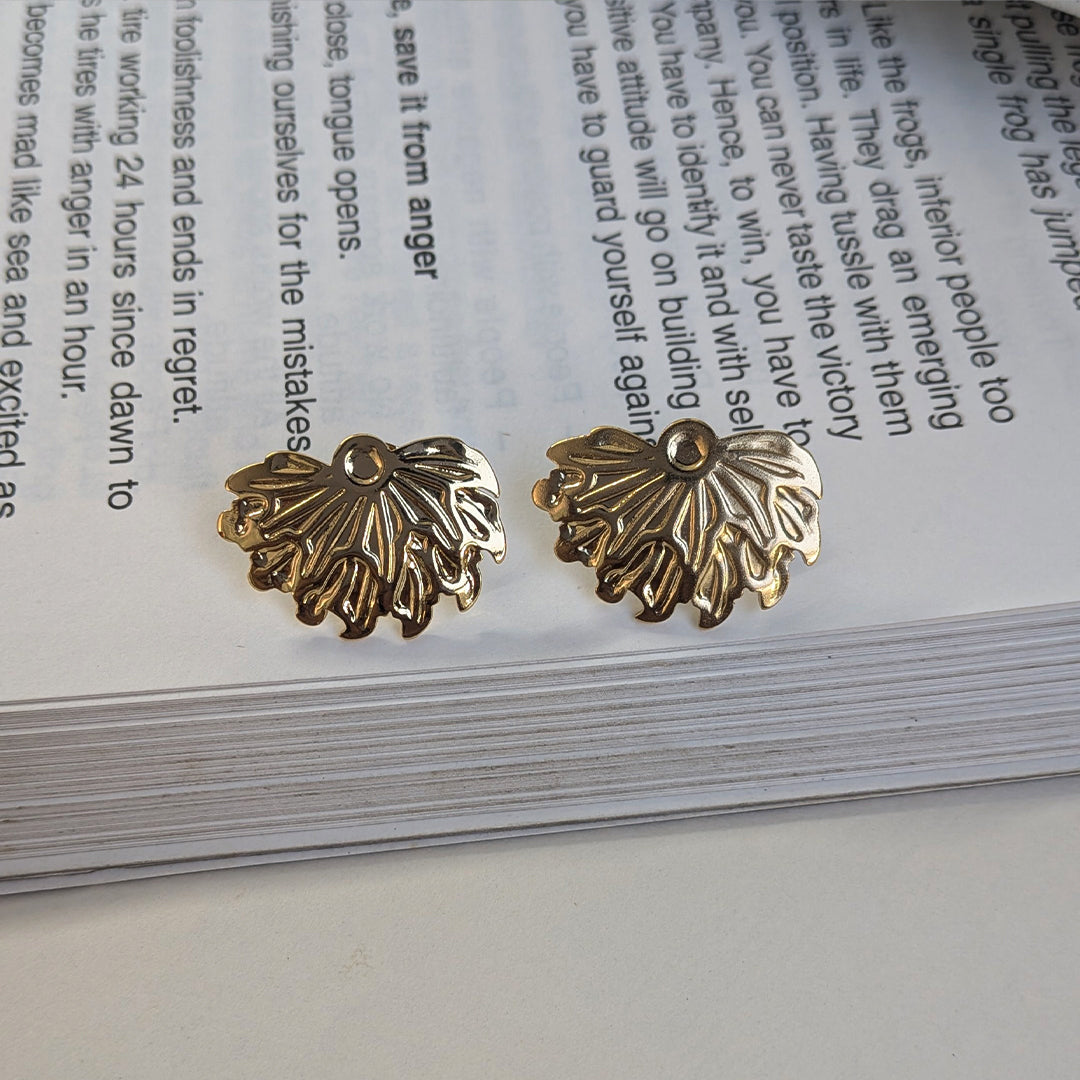 Embossed Leaf Gold Tone Stud Earrings For Girls & Women (Anti Tarnish)