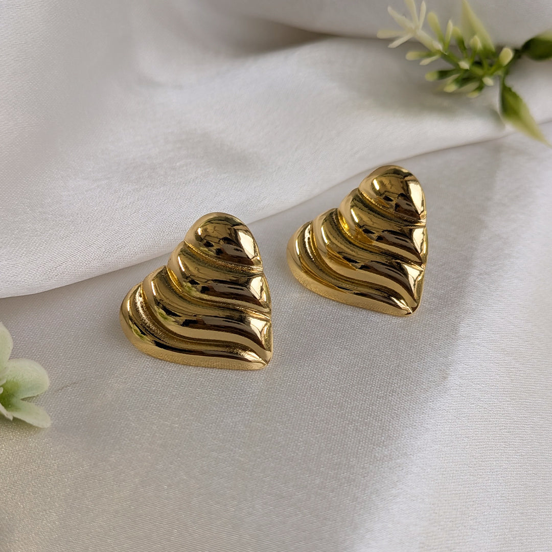 Textured Swirl Heart Gold Finish Stud Earrings For Girls & Women (Anti-Tarnish)