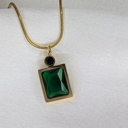 Gold Tone Emerald Green Square Pendant with Round Crystal Accent